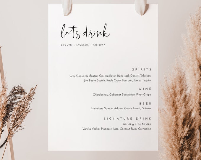 Minimalist Drink Menu Sign, Open Bar Sign, Alcohol, Wedding Bar Menu, Editable Template, Instant Download, Templett, 8x10, 18x24 #0031-116BM