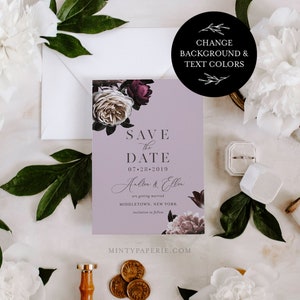 Save the Date Template, Moody Floral, Purple & Cream Floral Wedding Date Card, Instant Download, 100% Editable Text, Templett, DIY 009-143SD image 2