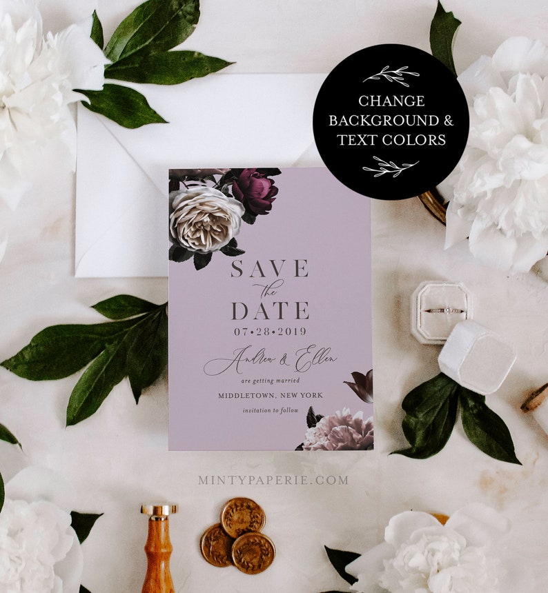 Save the Date Template, Moody Floral, Purple & Cream Floral Wedding Date Card, Instant Download, 100% Editable Text, Templett, DIY 009-143SD image 2