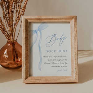 May include: A framed sign with the words "Baby Sock Hunt" in blue script. The sign includes text stating there are 10 pairs of socks hidden, and the winner gets a prize. A blue ribbon design is at the top.