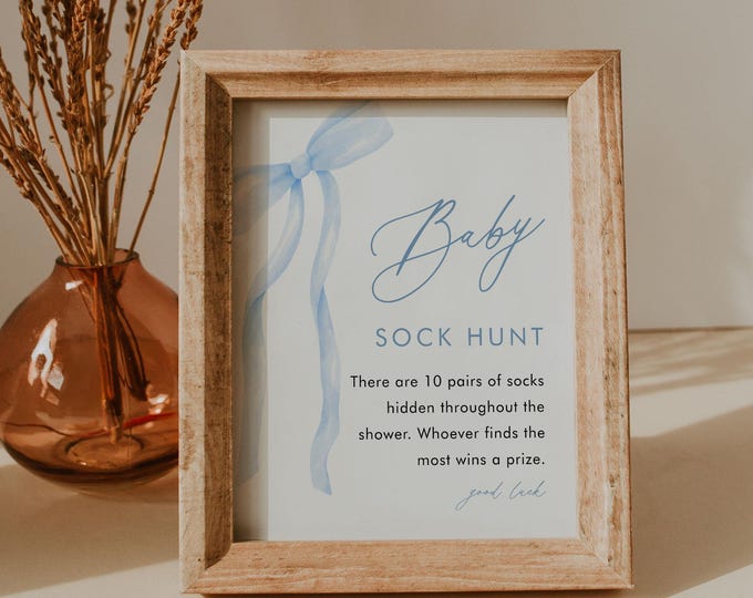 Baby Sock Hunt Game, Coquette Bow Boy Baby Shower Game, Sock Hunt Sign, Editable Template, Printable, Instant Download, Templett #0057-05BAG