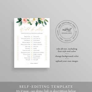 May include: A printable bridal shower game with a floral design. The game asks guests to guess which of two choices the bride would prefer. The text on the game says "Would she rather".