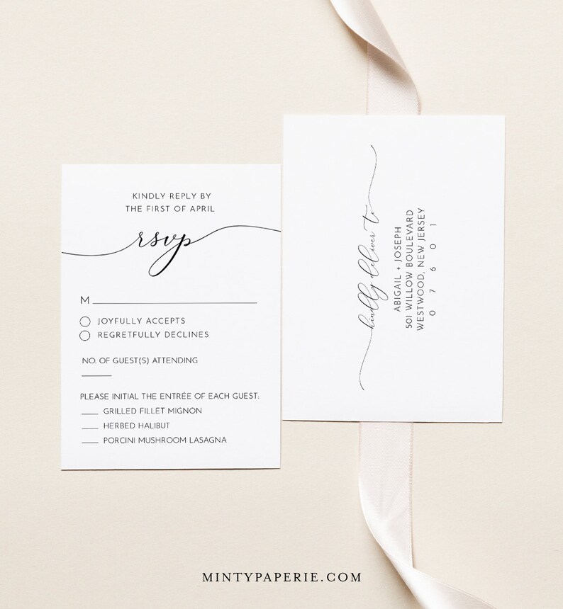 May include: A white RSVP card with a black script font that says "RSVP" and a checklist for guests to indicate their attendance. The card also includes a list of dinner options: Grilled Filet Mignon, Herbed Halibut, and Porcini Mushroom Lasagna.