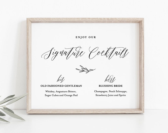 Signature Drinks Sign Template, Bride and Groom Signature Cocktails Printable, INSTANT DOWNLOAD, 100% Editable, Wedding Drink Menu #038-01S