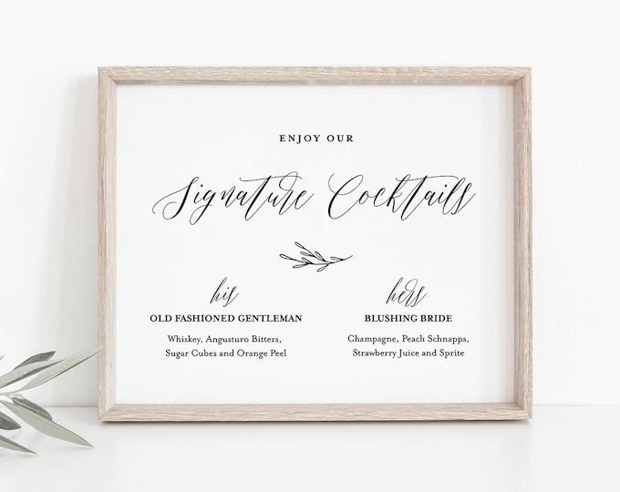 Signature Drinks Sign Template, Bride and Groom Signature Cocktails Printable, INSTANT DOWNLOAD, 100% Editable, Wedding Drink Menu #038-01S