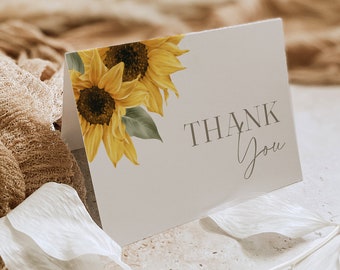 Sunflower Thank You Folded Card Printable, Summer Wedding / Bridal Shower Note, Editable Template, INSTANT DOWNLOAD, Templett #047-213TYC