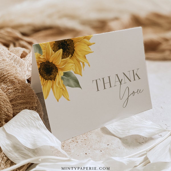 Sunflower Thank You Folded Card Printable, Summer Wedding / Bridal Shower Note, Editable Template, INSTANT DOWNLOAD, Templett #047-213TYC