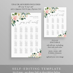 May include: Editable wedding seating chart template with a floral design. The template includes the text "your seat awaits" and is available in two sizes: 18" x 24" and 24" x 36".