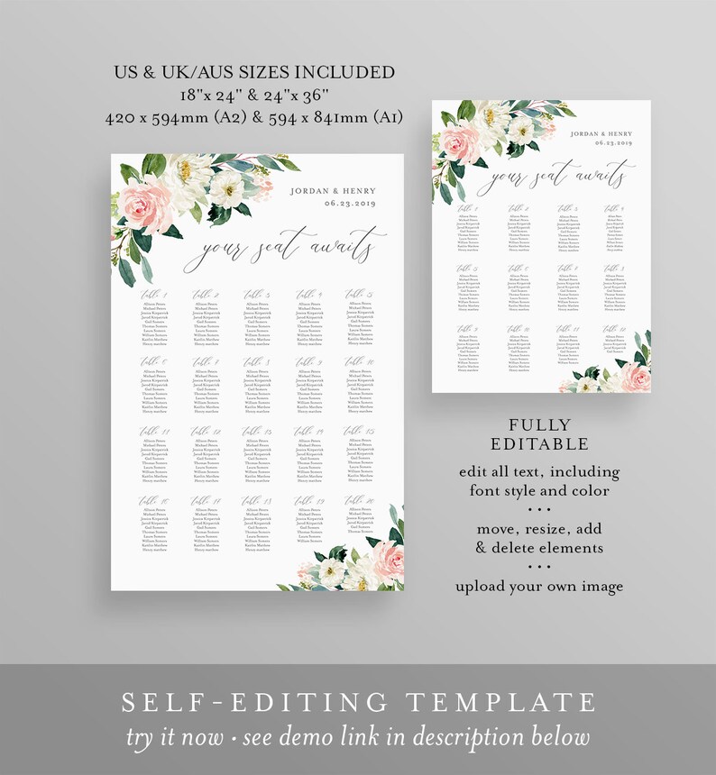 May include: Editable wedding seating chart template with a floral design. The template includes the text "your seat awaits" and is available in two sizes: 18" x 24" and 24" x 36".