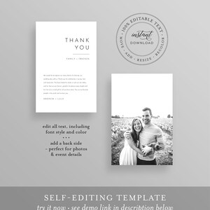 May include: A black and white photo of a couple with a dog. The text "THANK YOU" is written in black on a white background. The text "FAMILY FRIENDS" is written in black below the text "THANK YOU". The text "100% EDITABLE TEXT" is written in black on a white circle. The text "instant DOWNLOAD" is written in black on a white rectangle. The text "MOVE ADD RESIZE RECOLOR" is written in black on a white circle. The text "edit all text, including font style and color" is written in black on a white background. The text "add a back side" is written in black on a white background. The text "perfect for photos & event details" is written in black on a white background. The text "SELF-EDITING TEMPLATE" is written in black on a white background. The text "try it now see demo link in description below" is written in black on a white background.