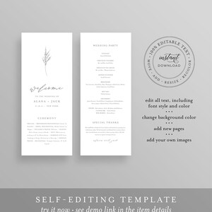 May include: A wedding program template with a minimalist design. The program features a simple floral illustration and text that says "Welcome to the wedding of Alana & Jack". The template is fully editable and includes instructions for editing the text, font style, color, background color, adding new pages, and adding images.