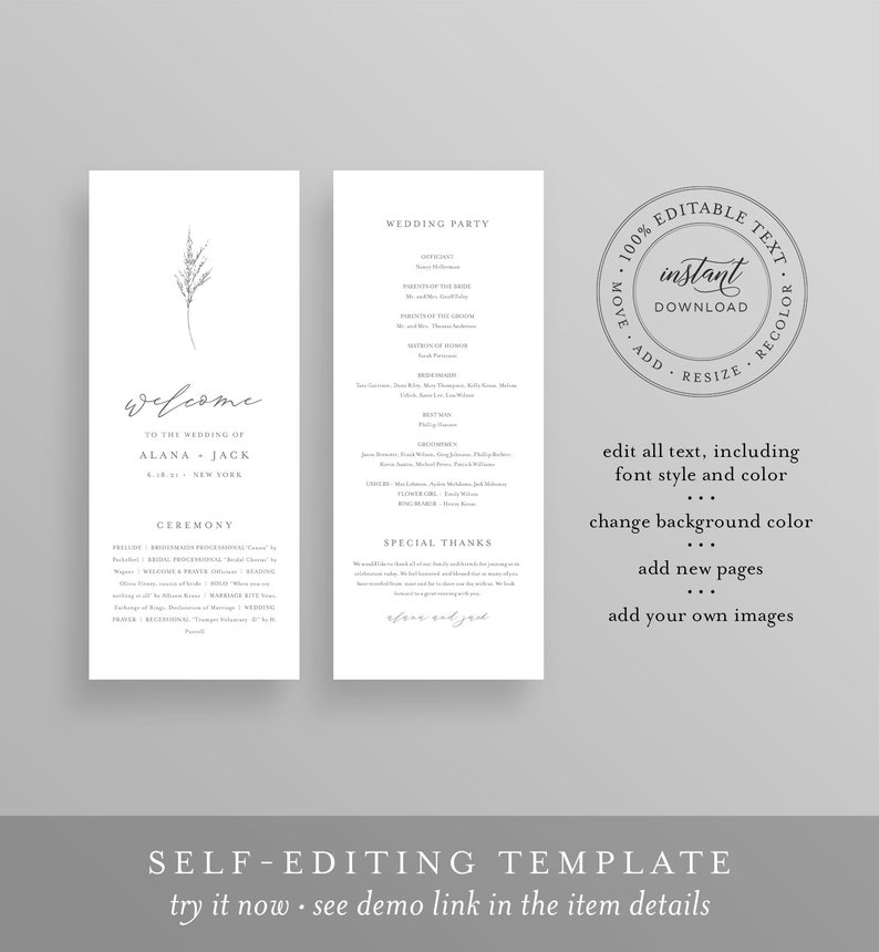 May include: A wedding program template with a minimalist design. The program features a simple floral illustration and text that says "Welcome to the wedding of Alana & Jack". The template is fully editable and includes instructions for editing the text, font style, color, background color, adding new pages, and adding images.