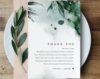 Mystic Waters Thank You Letter, Emerald Watercolor, Napkin Note, Menu Thank You, Editable Template, Instant Download, Templett #0002-142TYN