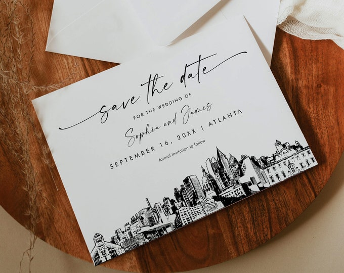 Atlanta Skyline Save the Date, Destination Wedding Atlanta Line Art, Wedding Date, Editable Template, Templett, 5x7 #0047-212SD