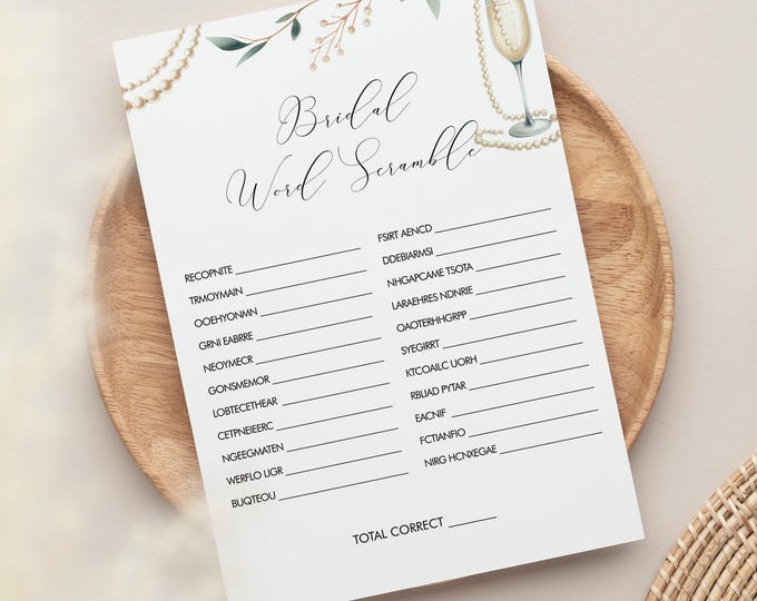 Word Scramble Bridal Shower Game Template, Printable Pearls and Prosecco Bridal Shower Puzzle, Instant Download, Templett #0065-21BRG