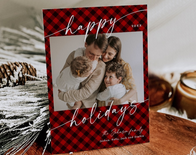 Plaid Photo Holiday Card Template, Flannel Christmas Card, Editable, Add Your Own Photos, Instant Download, Templett, 5x7 #0034-173HP