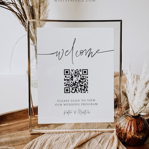 Programme de mariage de code QR, scanner le code QR pour l'ordre de service, signe minimaliste, modèle modifiable, téléchargement immédiat, Templett #0009-82S