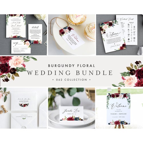 Burgundy Wedding Bundle, Boho Floral & Greenery Invitation Suite, Editable Templates, DIY, Instant Download, Templett #062-BUNDLE