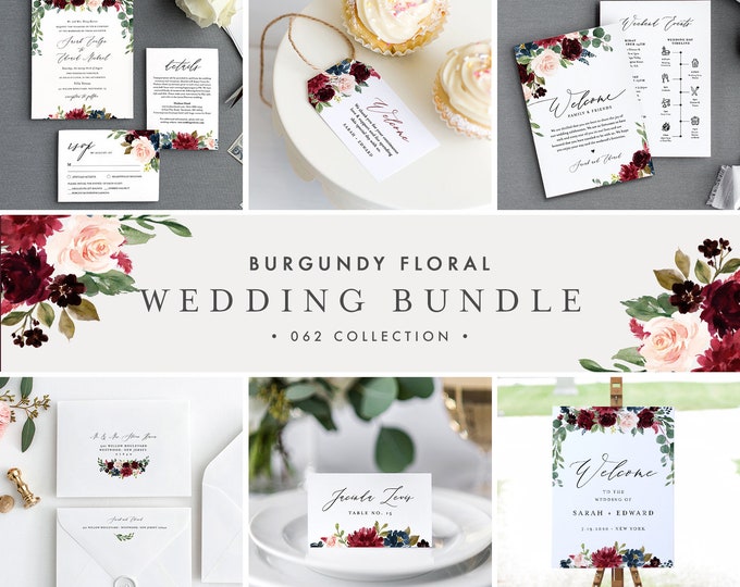 Burgundy Wedding Bundle, Boho Floral & Greenery Invitation Suite, Editable Templates, DIY, Instant Download, Templett #062-BUNDLE