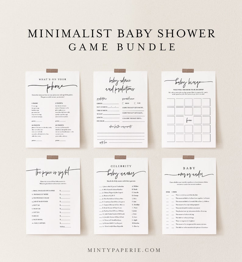 May include: A set of six printable baby shower game cards with black text on a white background. The games include "What's on Your Phone", "Baby Advice and Predictions", "Baby Bingo", "The Price is Right", "Celebrity Baby Names", and "Baby Odds or Evens".