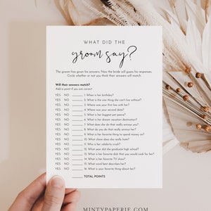 What Did the Groom Say, Minimalist Bridal Shower Game, Printable Bridal Game, Editable Template, Instant Download, Templett 5x7 #0031-08BRG