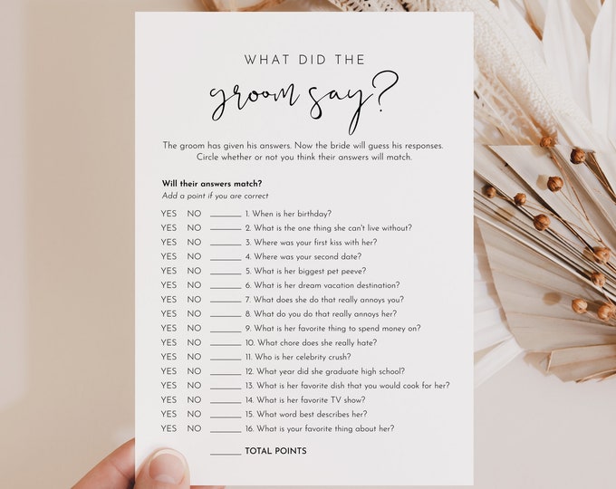 What Did the Groom Say, Minimalist Bridal Shower Game, Printable Bridal Game, Editable Template, Instant Download, Templett 5x7 #0031-08BRG