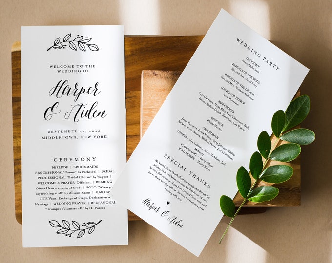 Wedding Program Template, Rustic Order of Service, Modern Calligraphy, Instant Download, Editable Text, Printable, Templett #039-239WP