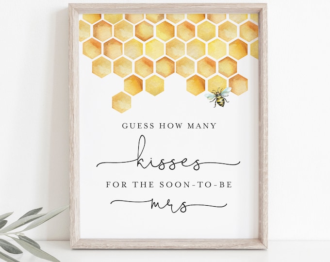 How Many Kisses Bridal Shower Game, Hershey Kisses Game, Honey Bee Bridal Shower Printable, Sign & Ticket, Instant Download #097-375BG