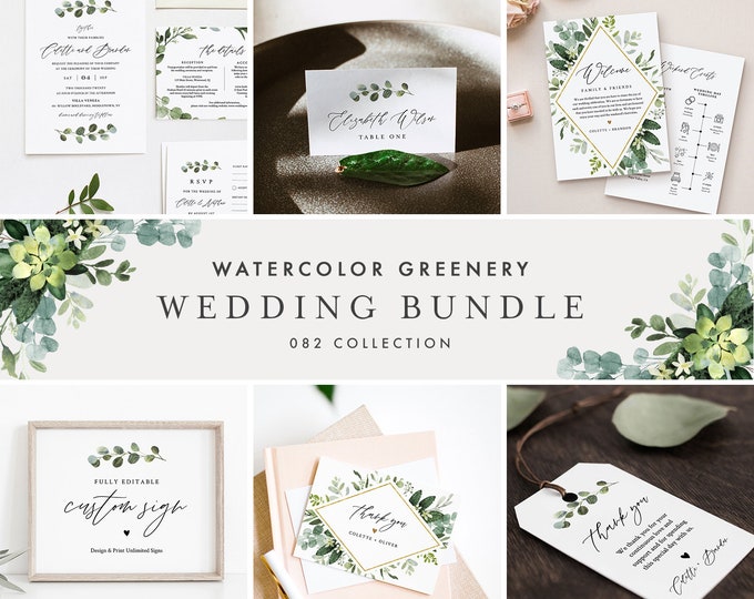 Greenery Wedding Bundle, Large Wedding Essential Templates, 100% Editable Text, Watercolor Greenery, Instant Download, Templett 082-BUNDLE