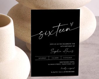 16th Birthday Invite, Modern Birthday Party Invitation, Photo Sweet Sixteen Birthday Card, Editable, Instant, Digital, Templett #0034B-142BD