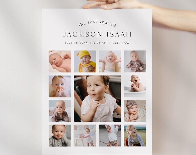 1st Birthday Photo Poster, First Year Baby Sign, 1st Birthday Party, Month Milestones, Editable Template, Instant, Templett #0026B-106FYS