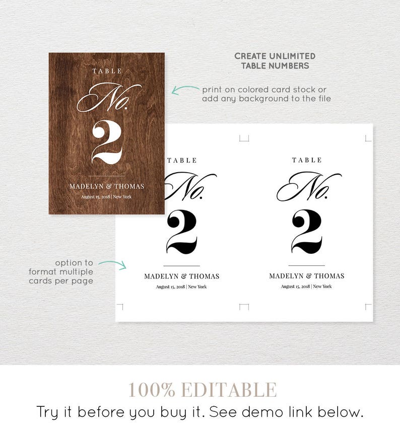 Table Number Card Template Printable Wedding Table Number Etsy