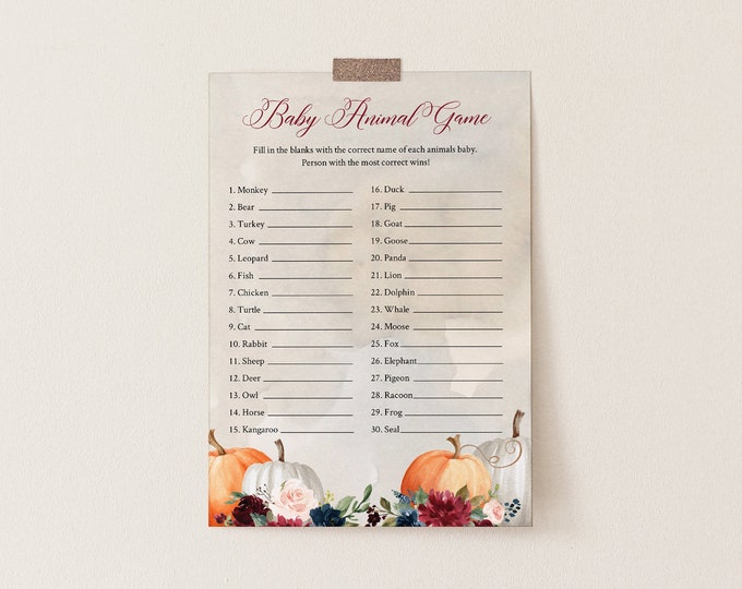 Baby Animal Game, Printable Name the Baby, Fall Pumpkin Baby Shower Game, Editable Template, Instant Download, Templett  #072A-207BASG