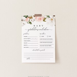 May include: A printable baby shower game card with a floral design. The card has a section for predictions and a section for advice for the new parents. The text on the card reads "Baby Predictions and Advice".