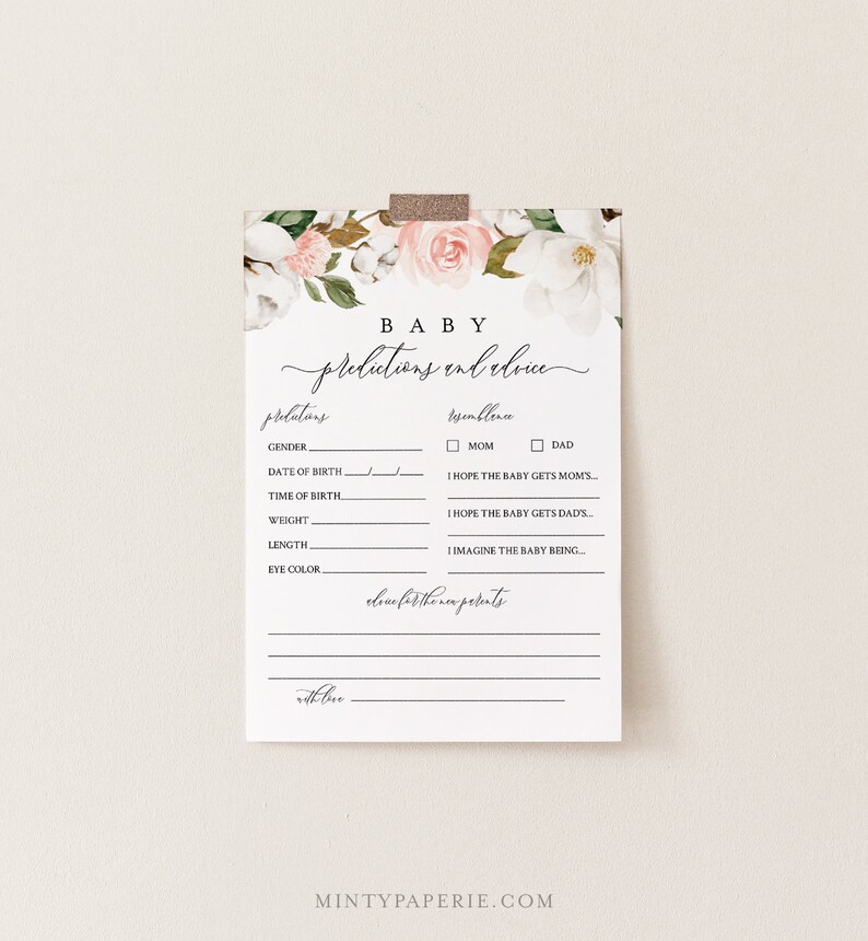 May include: A printable baby shower game card with a floral design. The card has a section for predictions and a section for advice for the new parents. The text on the card reads "Baby Predictions and Advice".