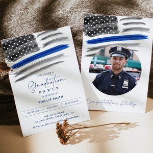 Graduation Party Invitation, Printable Police, Law Enforcement Grad Invite, American Flag, Thin Blue Line, Editable Template #0037-106GA