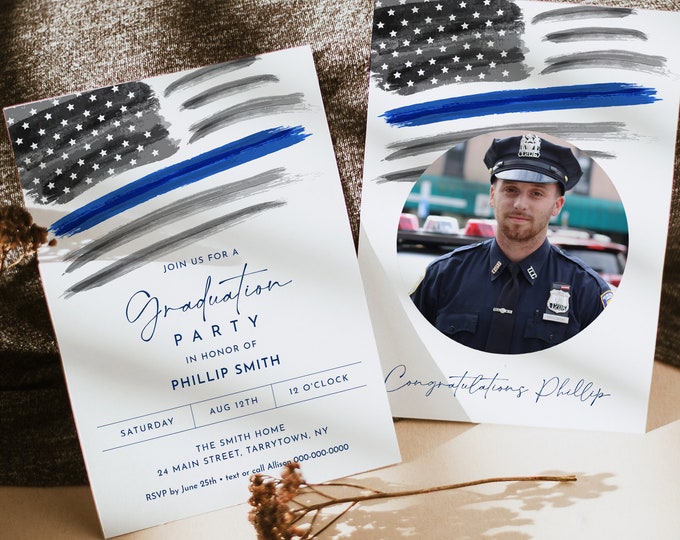 Graduation Party Invitation, Printable Police, Law Enforcement Grad Invite, American Flag, Thin Blue Line, Editable Template #0037-106GA
