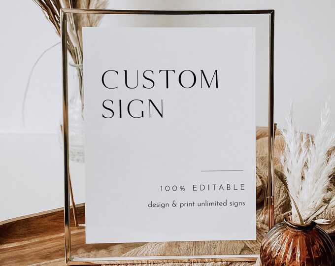 Custom Sign Template, Modern Minimal Minimalist, Wedding, Bridal Shower, Unlimited Custom Signs, 100% Editable, Templett #0026B-195CS