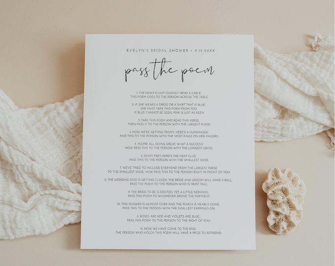 Pass the Poem Game, Fun Icebreaker Game, Minimalist Bridal Shower Game, INSTANT DOWNLOAD, 100% Editable Template, Templett #0031-26BRG