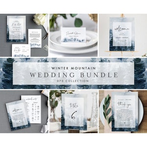 Winter Mountain Pine Wedding Bundle, Wedding Invitation Suite + Day Of Templates, Editable Text, Instant Download, Templett #070-BUNDLE