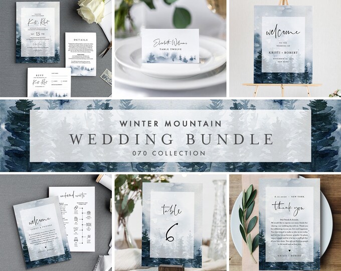 Winter Mountain Pine Wedding Bundle, Wedding Invitation Suite + Day Of Templates, Editable Text, Instant Download, Templett #070-BUNDLE