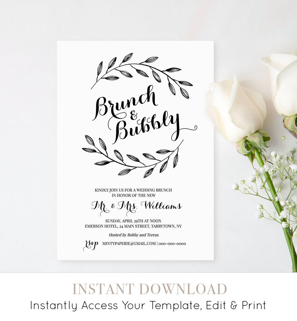 Printable Wedding Brunch Invitation Template, Post Wedding Brunch Invite, Brunch & Bubbly