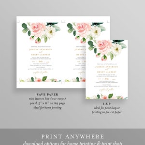 Editable Wedding Invitation Template, Printable Invite, RSVP, Details, Blush Boho Florals, Greenery and Gold, INSTANT DOWNLOAD, DiY #043D image 4
