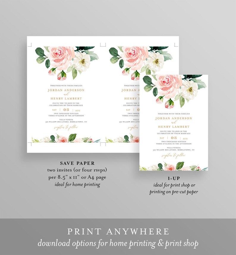 Editable Wedding Invitation Template, Printable Invite, RSVP, Details, Blush Boho Florals, Greenery and Gold, INSTANT DOWNLOAD, DiY #043D image 4