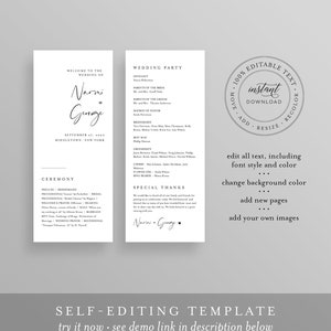 Puede incluir: Plantilla editable de ceremonia y recepci&oacute;n de boda con un dise&ntilde;o en blanco y negro. La plantilla incluye los nombres Narni y Gurge, la fecha de la boda y la ubicaci&oacute;n. La plantilla tambi&eacute;n incluye una secci&oacute;n para la fiesta de bodas y una secci&oacute;n de agradecimiento especial.