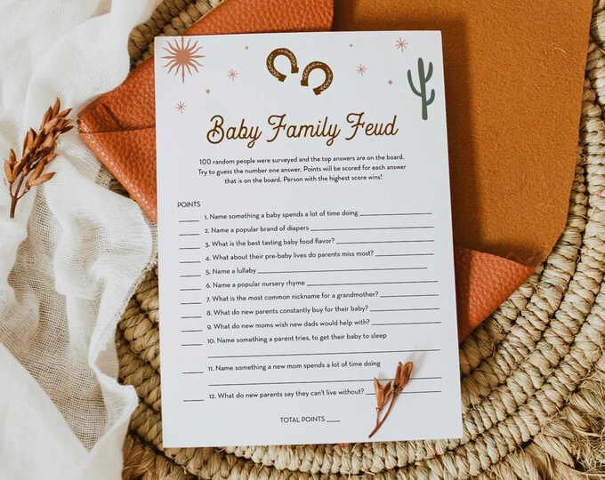 Western Baby Family Feud Game, Gender Neutral, Rodeo Cowboy Baby Shower Game, Editable Template, Instant Download, Templett #0040-06BAG