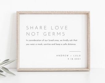 Minimalist Social Distance Sign, Wedding, Bridal Shower, Baby Shower, Share Love Not Germs, Covid, Mask, Sanitize, Instant Download 094-11S