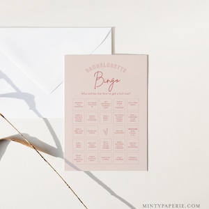 May include: A pink and red bachelorette bingo card with a list of activities to complete. The card has the title "Bachelorette Bingo" and the text "Who will be the first to get a full row?" at the top.