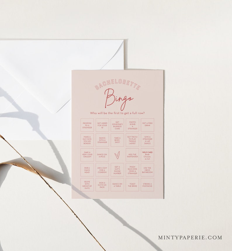 May include: A pink and red bachelorette bingo card with a list of activities to complete. The card has the title "Bachelorette Bingo" and the text "Who will be the first to get a full row?" at the top.