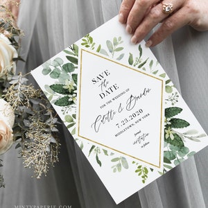 Modelo Greenery Save the Date, DOWNLOAD INSTANTÂNEO, cartão de data de casamento com folhagem Boho para impressão, texto editável, Templett, 4x6 e 5x7 #082-149SD